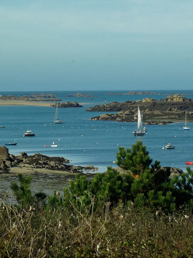 Baie avec plusieurs bateaux et îles rocheuses