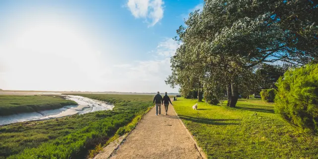 Deux personnes marchant sur un chemin de terre près d'un plan d'eau
