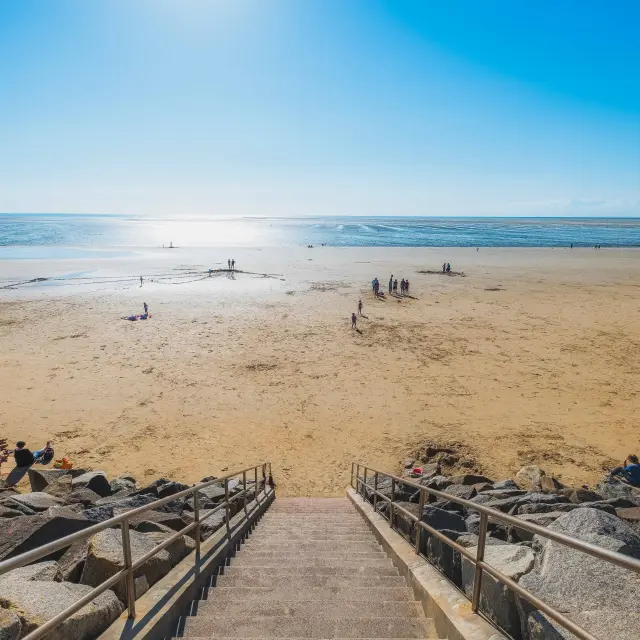 Stairs leading to a sandy beach with people relaxing and playing near the water