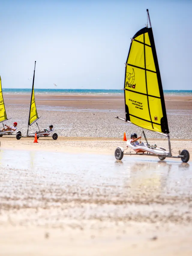 Vier Segelboote am Strand mit gelben und schwarzen Segeln