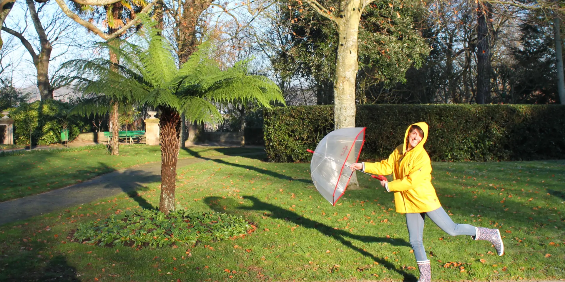 Frau in einem gelben Regenmantel hält einen transparenten Regenschirm in einem Park