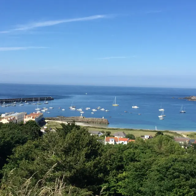 Coastal village with a marina and moored boats