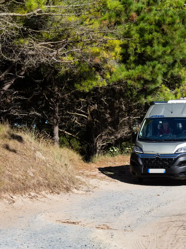 Camionnette grise sur une route de campagne