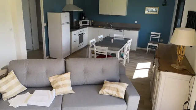 Modern interior with kitchen and living room, gray sofa with pillows, dining table and chairs