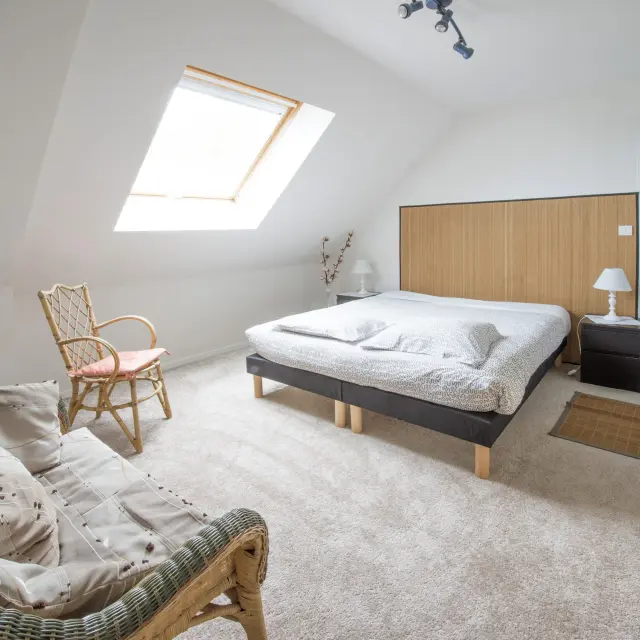 Chambre avec lit, fauteuil, et fenêtre de toit