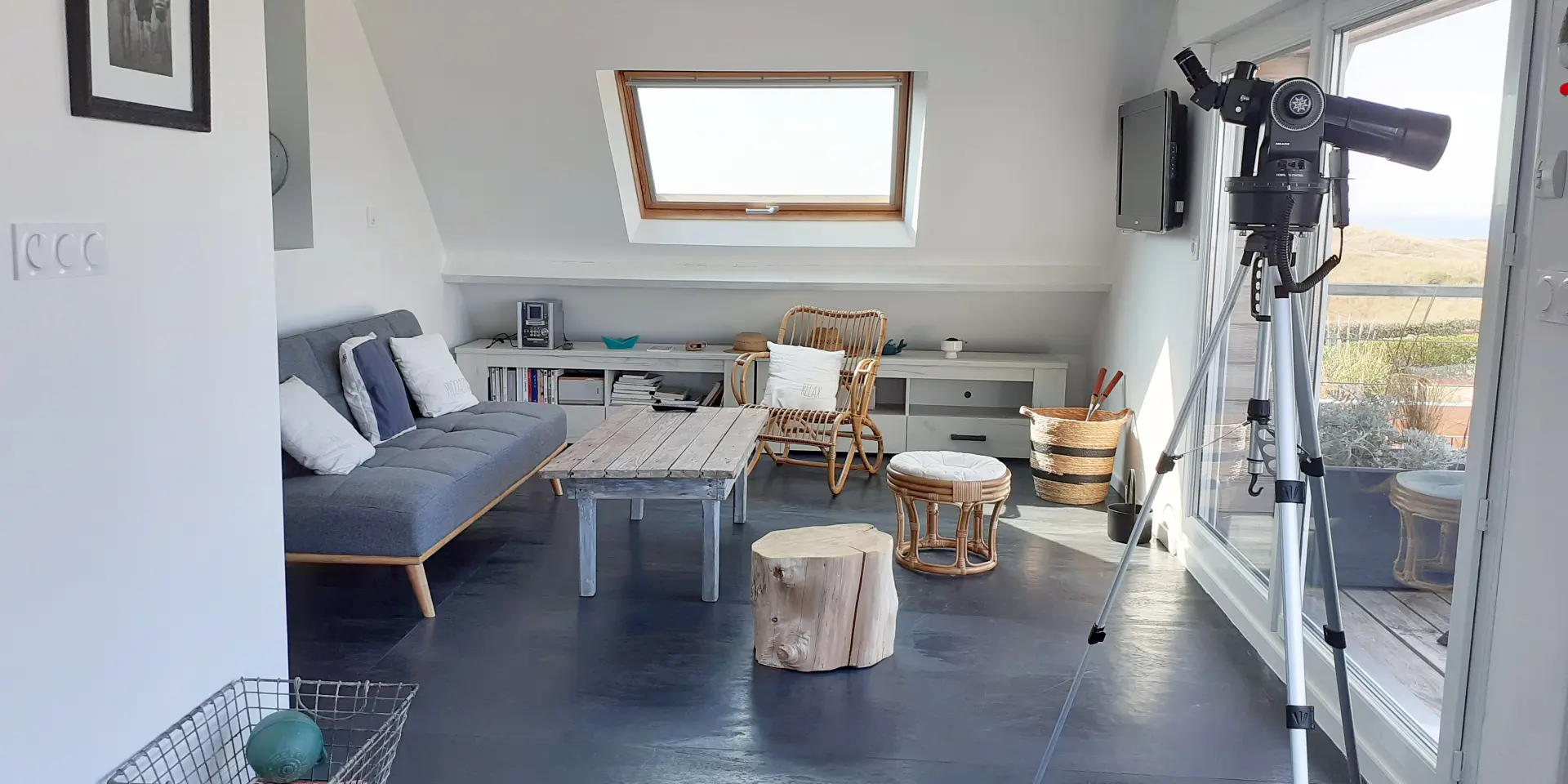 Modern interior with sofa, coffee table, chairs, and a view of nature