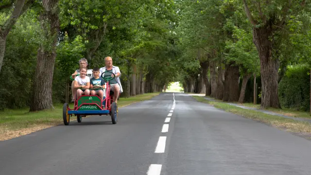 Une famille de quatre personnes sur une rosalie à quatre places sur une route bordée d'arbres à Hauteville sur Mer