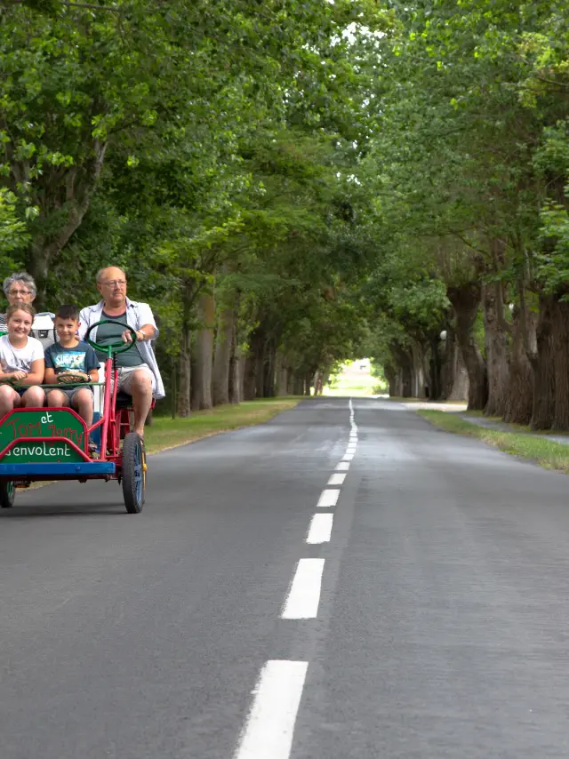 Eine vierköpfige Familie auf einem Vier-Personen-Fahrrad auf einem baumbestandenen Weg