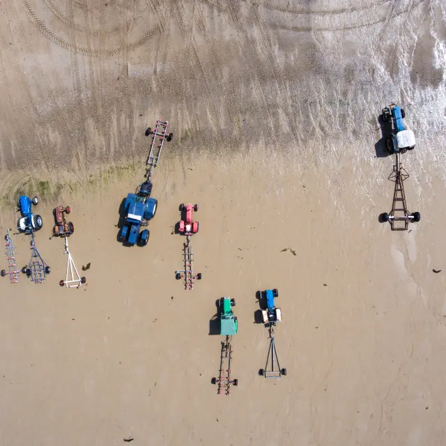 Film crew with cameras and equipment on a beach