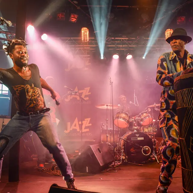 Two musicians performing on stage at a jazz concert