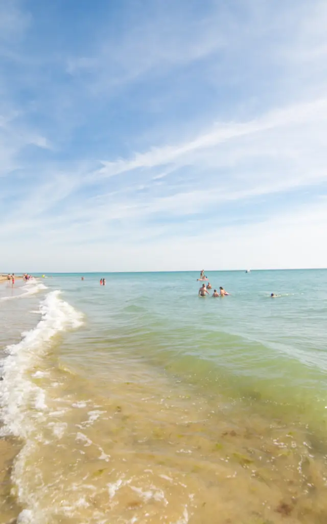 Personnes se baignant et se relaxant sur une plage de sable