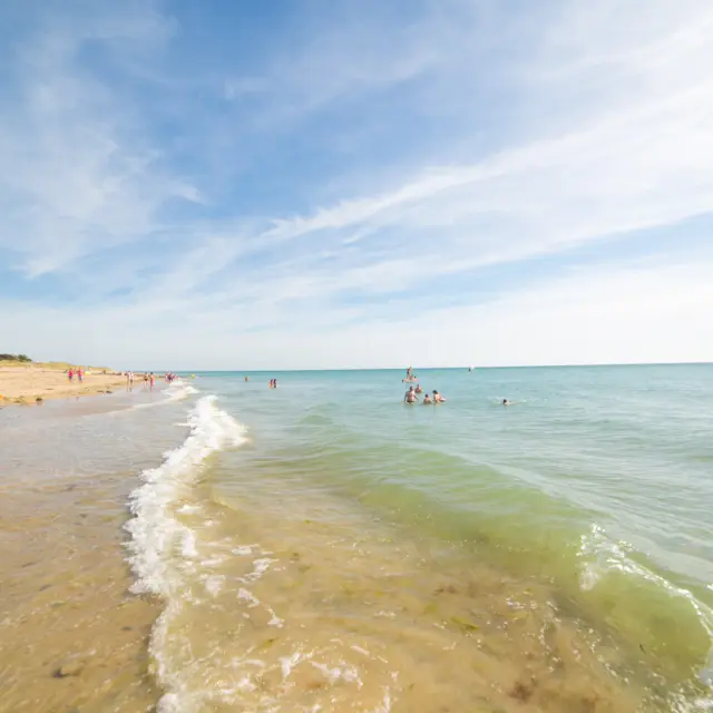 People swimming and relaxing on a sandy beach