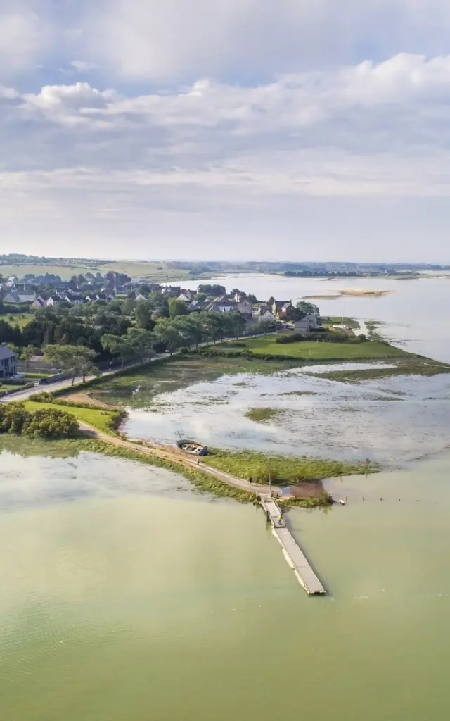 Aerial view of a coastal village with houses and farmland