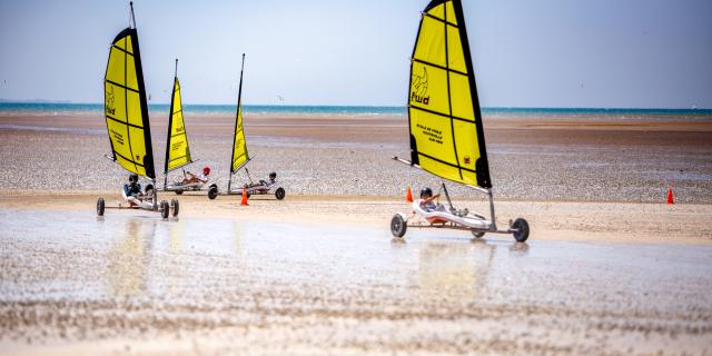 Quatre voiliers sur une plage avec des voiles jaunes et noires