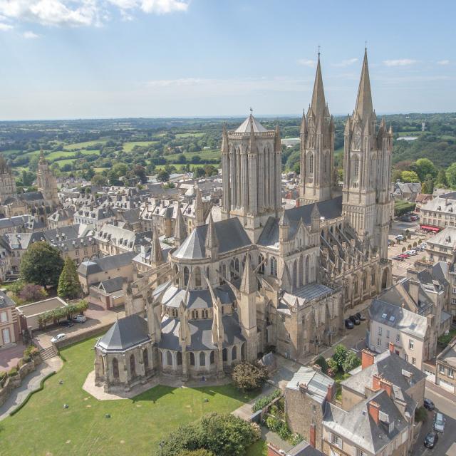 Aerial view of a medieval cathedral in Brittany