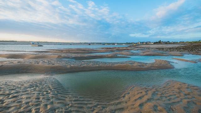 Marée basse sur une plage avec des flaques d'eau et des traces de pas
