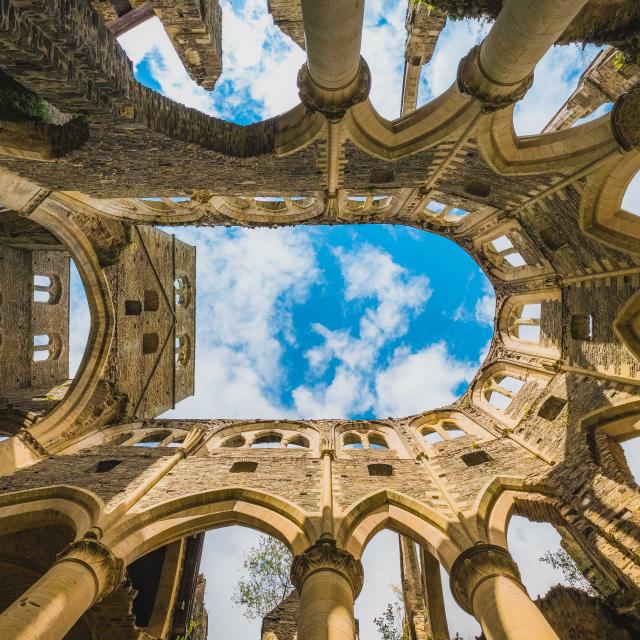 Vue vers le ciel à travers les arches des ruines de l'abbaye de Hambye