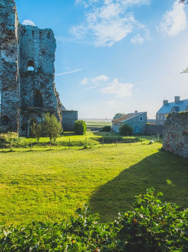 Ruins of a medieval castle with modern buildings nearby