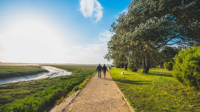 Two people walking on a dirt path near a body of water