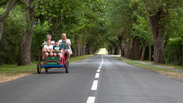 Une famille de quatre personnes sur une rosalie à quatre places sur une route bordée d'arbres à Hauteville sur Mer