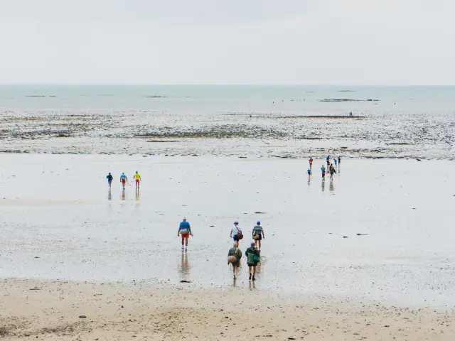 Gruppe von Menschen, die an einem Strand mit Wellen im Hintergrund spazieren