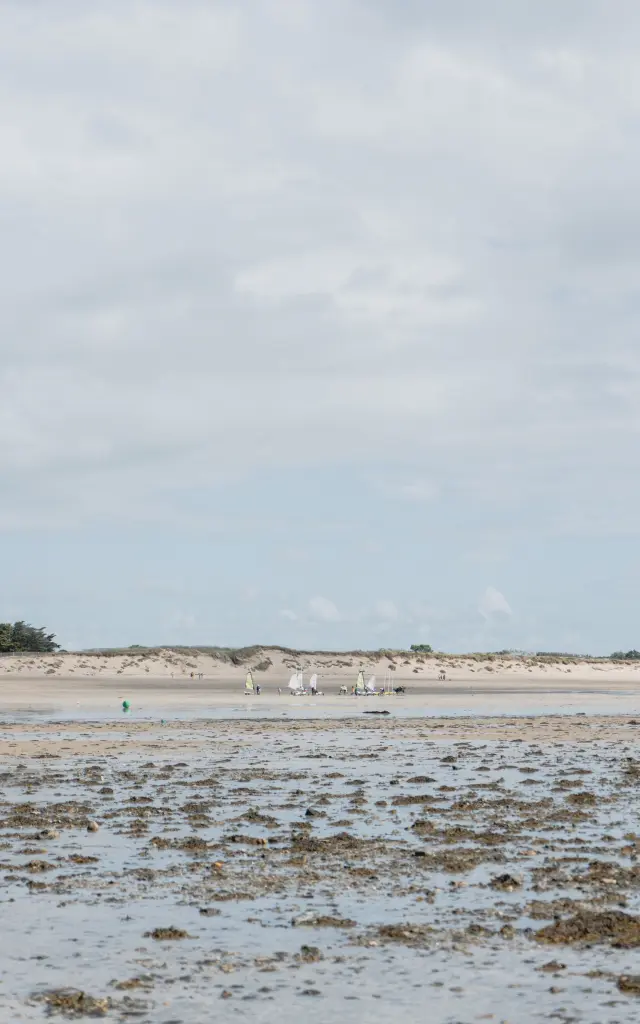 Verlassener Strand mit Sanddünen und Menschen in der Ferne