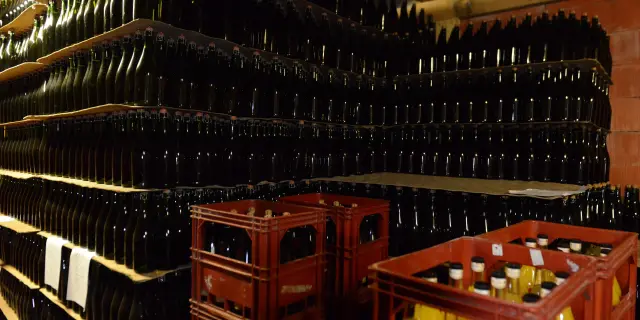 Shelves filled with bottles of wine and crates of bottles