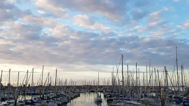 Boats docked in a marina with cloud reflections on the water