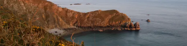 Ansicht einer felsigen Küste mit Klippen und Felsen bei Sonnenuntergang