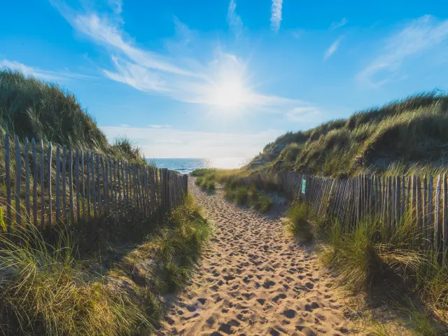 Sandweg, der zu einem Strand unter einem sonnigen blauen Himmel führt