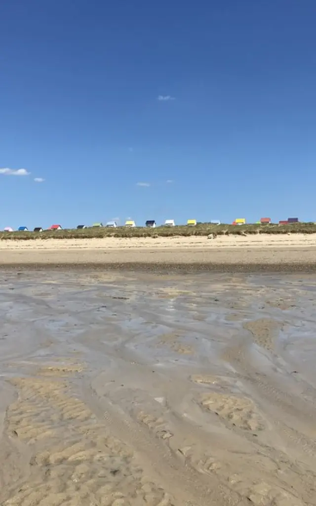 Sandy beach with footprints and shallow water