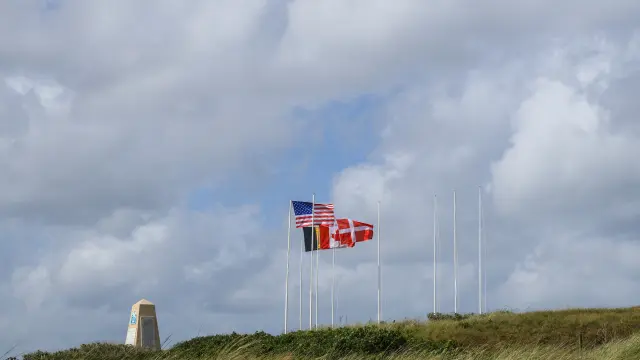 Three flags waving on a grassy area with a cloudy sky in the background
