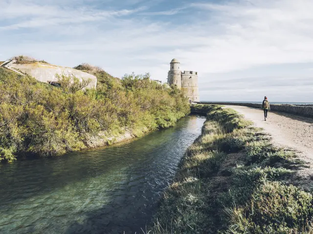 Person walking along a canal with a tower in the background