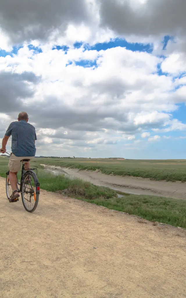 Deux personnes à vélo sur un chemin au bord du havre de Regneville