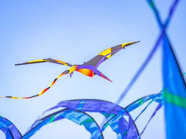 Bunter vogelförmiger Drachen, der am Himmel fliegt