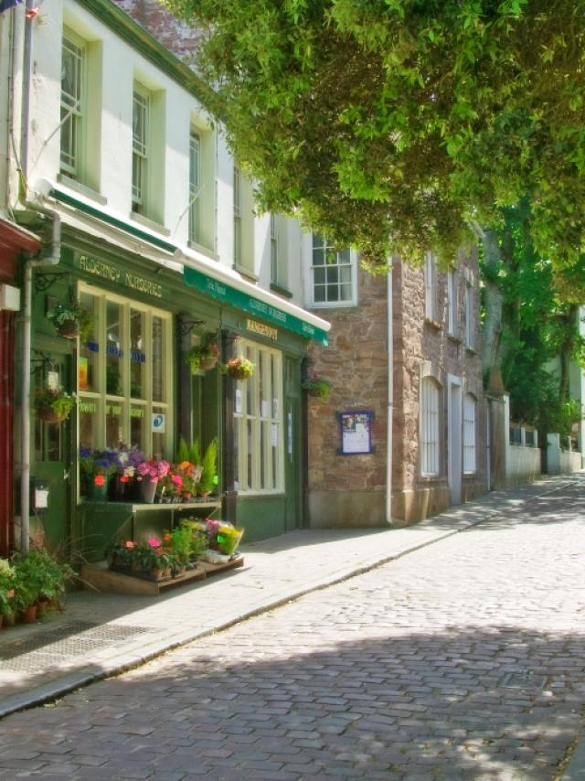 Rue pavée bordée de boutiques et d'arbres à Aurigny