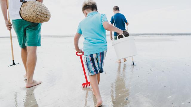 Enfants marchent sur la plage avec des seaux et des pelles pour la pêche à pied à Agon Coutainville