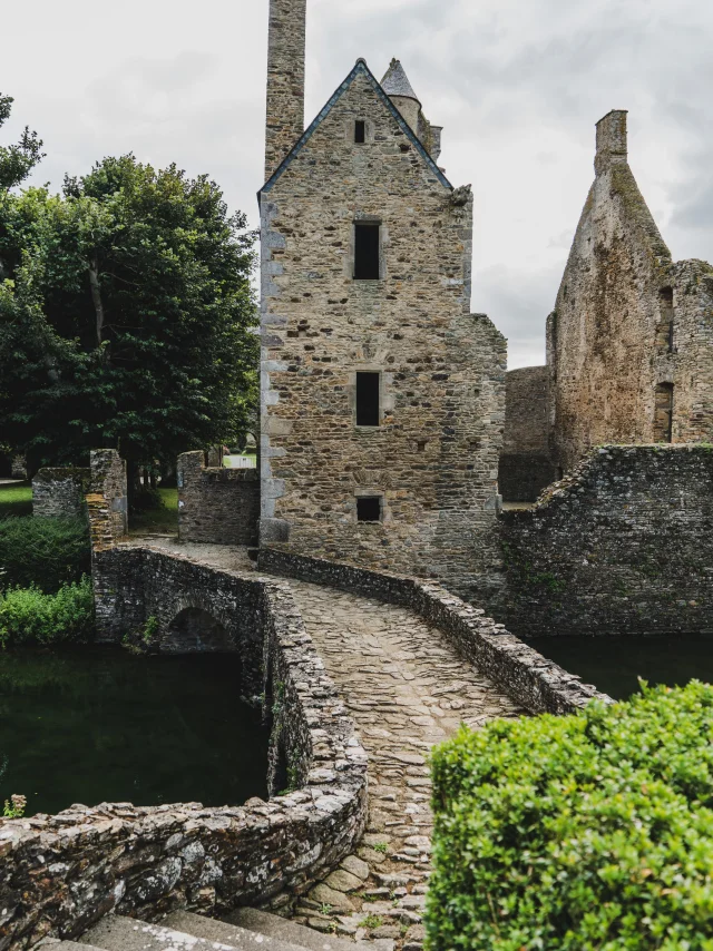Stone path leading to medieval ruins surrounded by water