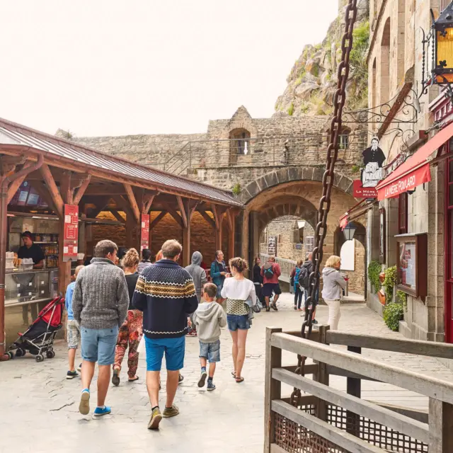 People walking in a shopping street with shops and stalls