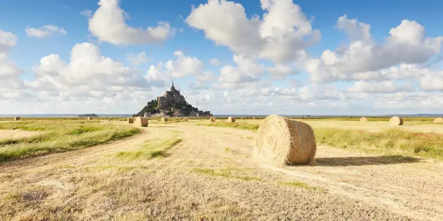 Mont Saint-Michel surrounded by fields and hay bales