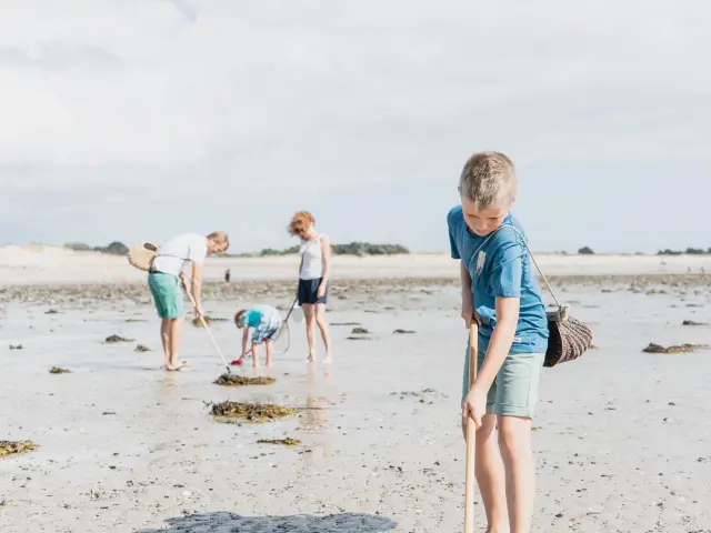 Quatre enfants cherchant des coquillages sur une plage à Agon-Coutainville