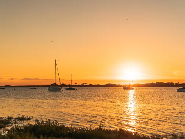Boats on the water at sunset