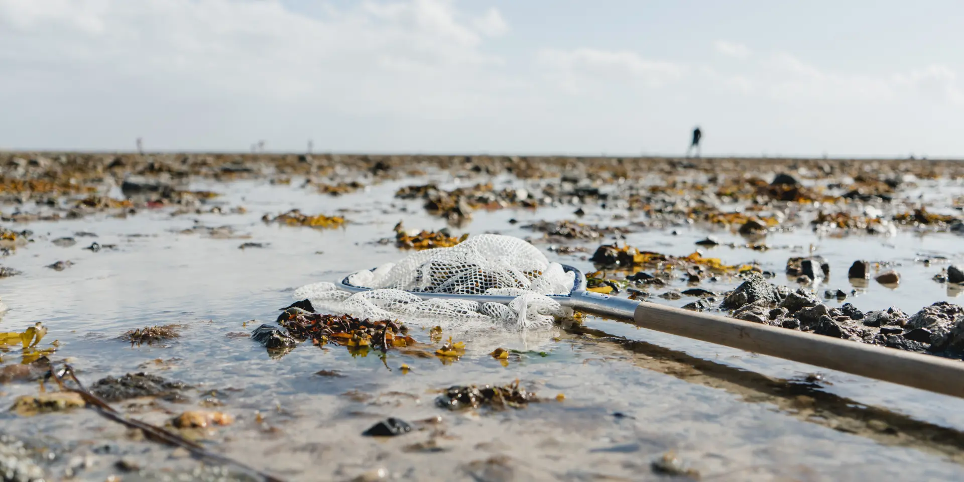 Filet de pêche posé sur le sable durant la marée basse à Agon Coutainville