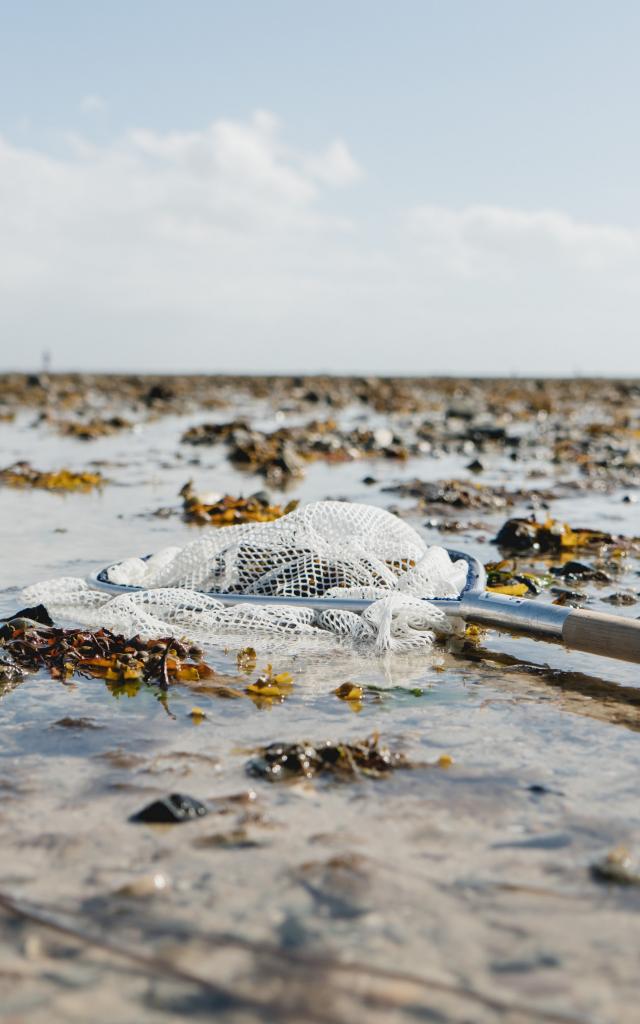 Filet de pêche posé sur le sable durant la marée basse à Agon Coutainville