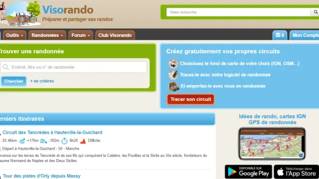 Page d'accueil du site Visorando avec des options de recherche de randonnées