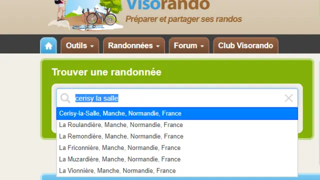 Interface de recherche de randonnées sur le site Visorando