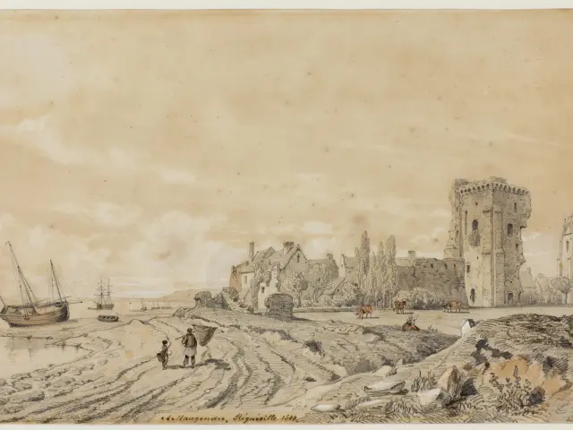 Ruines côtières avec des navires en arrière-plan