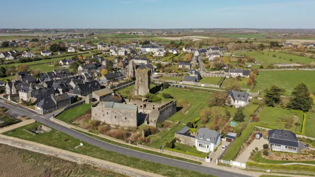 Aerial view of a medieval village with a stone castle