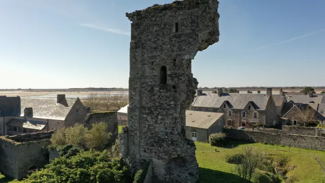 Medieval tower in ruins with houses in the background
