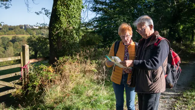 Deux personnes en randonnée consultent une carte près d'un chemin de campagne